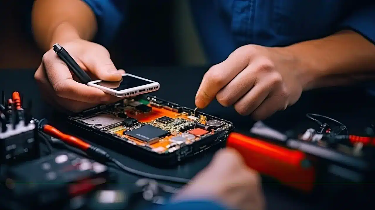 Technician repairing a smartphone